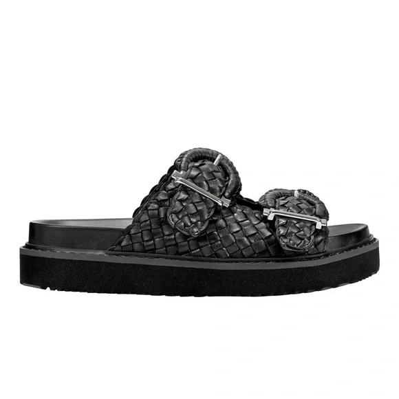 MARC FISHER AUGGIE WOVEN FOOTBED SANDAL BLACK LEATHER - Picture 2 of 6